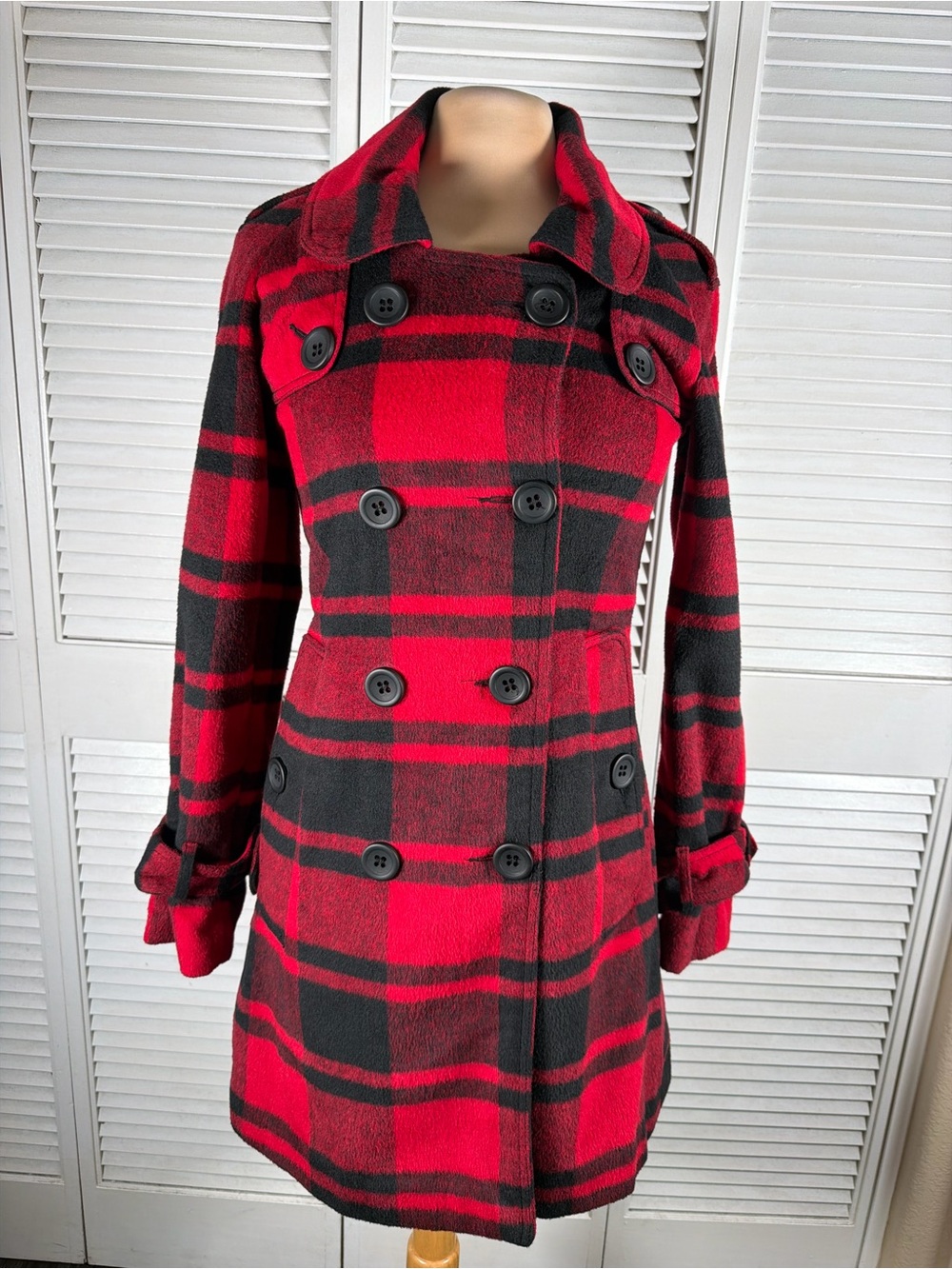 Jack BB Dakota‎ Red Black Plaid Double Breasted Peacoat Coat Small
